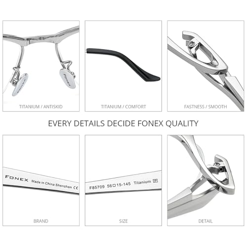 FONEX Pure Titanium Glasses Frame Men Semi Rimless Square Eyeglasses Eyewear DTX416 (F85709 Silver Black) - Image 3