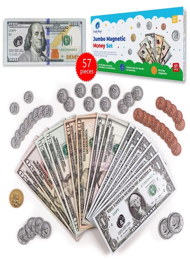 Simply magic 57 PCS Jumbo Magnetic Money - Large Play Money for Kids for Learning, Pretend Money for Classroom Teaching, Toy Money Class Money Set, Magnetic Coins, Money Games, Money Manipulatives - Image 1