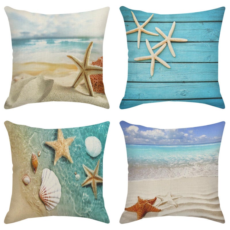 ArtSocket Set of 4 Throw Pillow Covers Starfish and Seashell Summer Beach in Sea Water Time Caribbean Decor Linen Pillow Cases Home Decorative Square 18x18 Inches Pillowcases