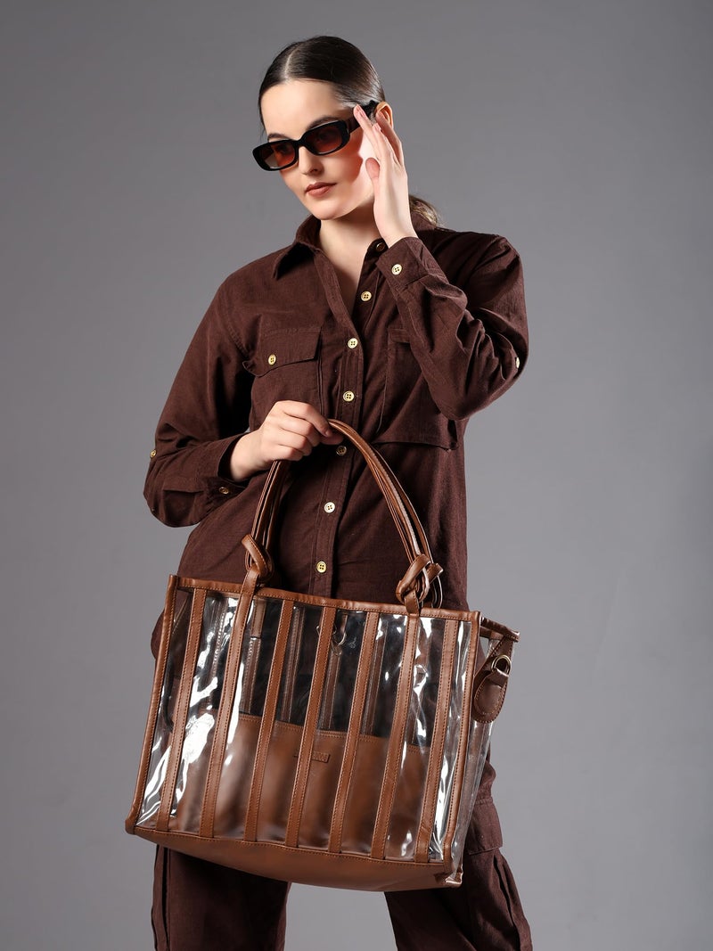 ENSAC Women’s Transparent Tote Bag | Premium Synthetic Leather & Durable Clear Handbag with Zip Closure | Stylish Office, College & Travel Tote | Handcrafted in India - Image 3