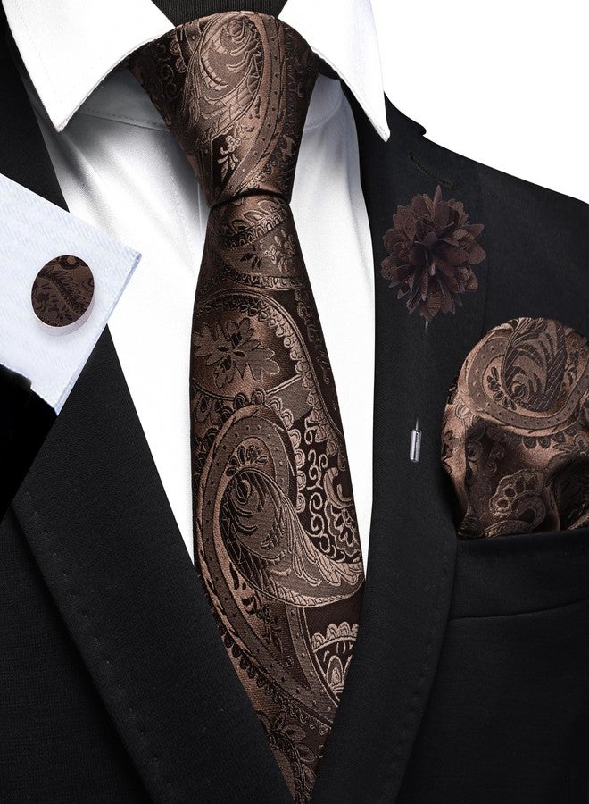 GUSLESON Mens Dark Brown Tie for Wedding Paisley Silk Coffee Necktie Pocket Square Cufflinks and Lapel Pin Brooch Set (6111-09) - Image 2