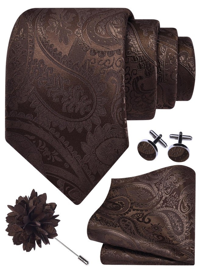 GUSLESON Mens Dark Brown Tie for Wedding Paisley Silk Coffee Necktie Pocket Square Cufflinks and Lapel Pin Brooch Set (6111-09) - Image 1