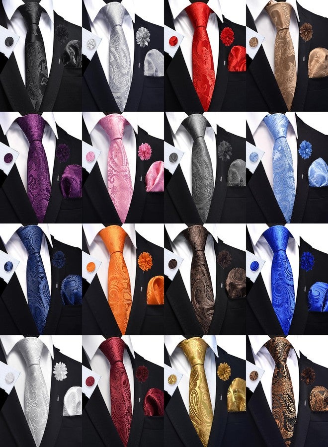 GUSLESON Mens Dark Brown Tie for Wedding Paisley Silk Coffee Necktie Pocket Square Cufflinks and Lapel Pin Brooch Set (6111-09) - Image 4