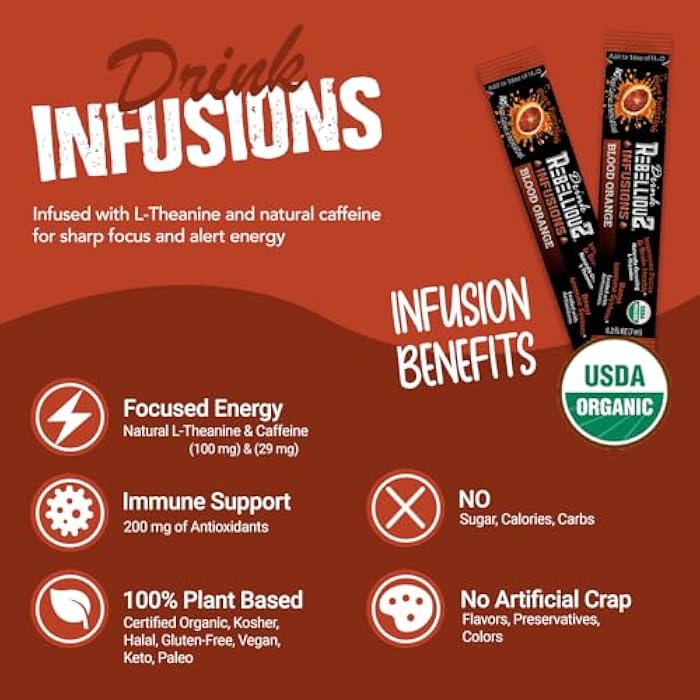 Rebellious Blood Orange Organic Drink Mix – Organic Zero Calorie Energy Drink Mix | Monk Fruit & Green Tea Extract | L-Theanine + Natural Caffeine | 100% Plant-Based | Pack of 10 | Keto,Gluten-Free - Image 2