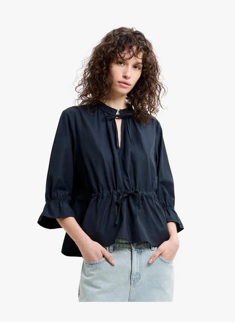 فرنش كونكشن Women's Navy Era Poplin Ruffle Collar Top