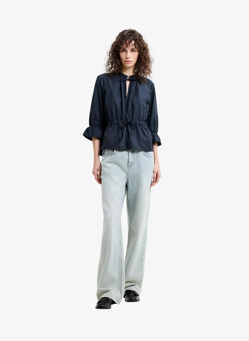 فرنش كونكشن Women's Navy Era Poplin Ruffle Collar Top