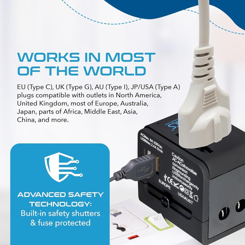 Ceptics Universal Travel Adapter with 2 USB Ports, 3 in 1 International Adapter for Cell Phone Tablet Camera, India to UK, Europe, Australia & More - Image 2