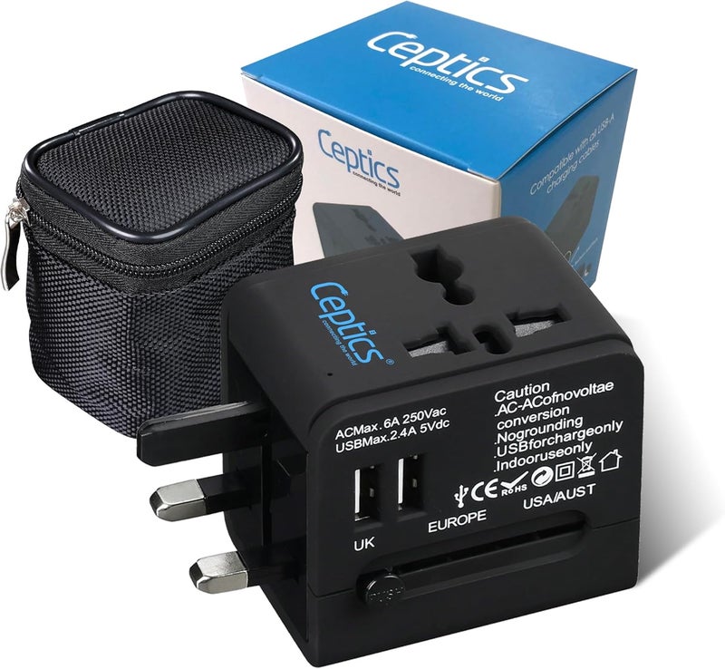 Ceptics Universal Travel Adapter with 2 USB Ports, 3 in 1 International Adapter for Cell Phone Tablet Camera, India to UK, Europe, Australia & More - Image 1
