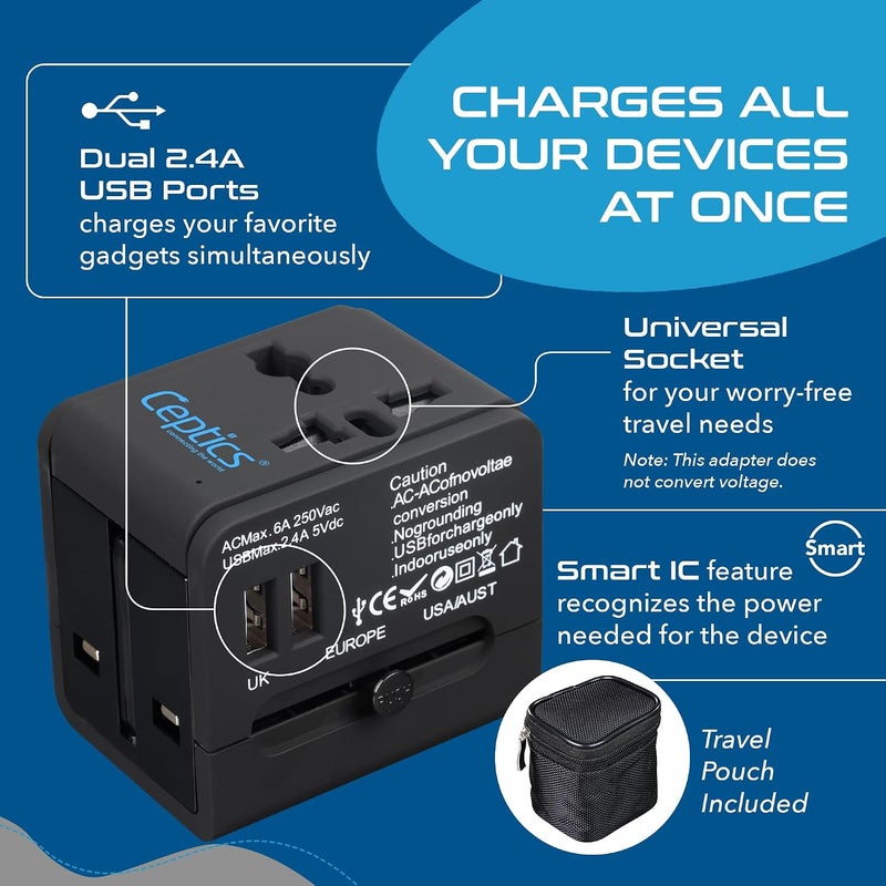 Ceptics Universal Travel Adapter with 2 USB Ports, 3 in 1 International Adapter for Cell Phone Tablet Camera, India to UK, Europe, Australia & More - Image 4