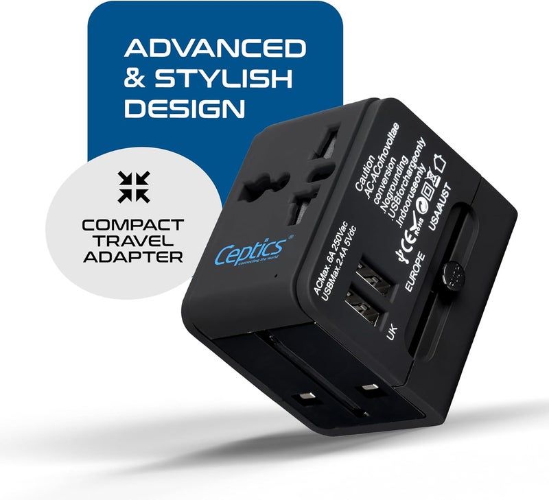 Ceptics Universal Travel Adapter with 2 USB Ports, 3 in 1 International Adapter for Cell Phone Tablet Camera, India to UK, Europe, Australia & More - Image 5