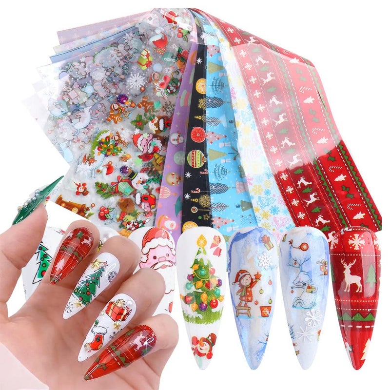 Christmas Nail Stickers Decals Nail Foil Transfer Sticker 10 Sheets Christmas Santa Tree Snowflake Deer Xmas Holiday Decorations Stickers for Manicure Supplies
