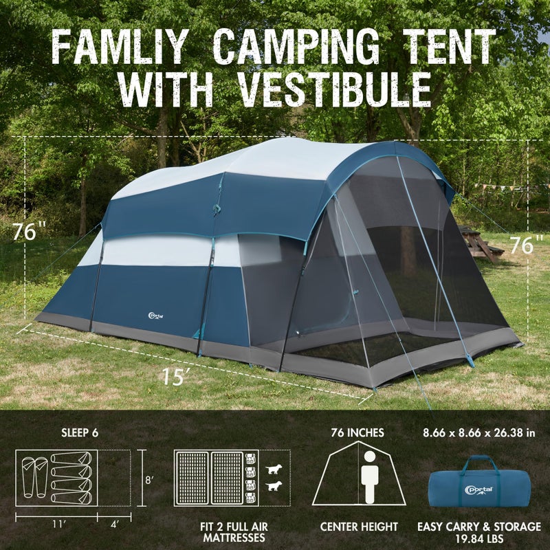Portal 6 Person Family Camping Tents with Screen Porch, Weater Resistant 7' Tall Tent with Rainfly & Upgrated Poles, Easy Setup Tent for Outdoor Family Camping - Image 1