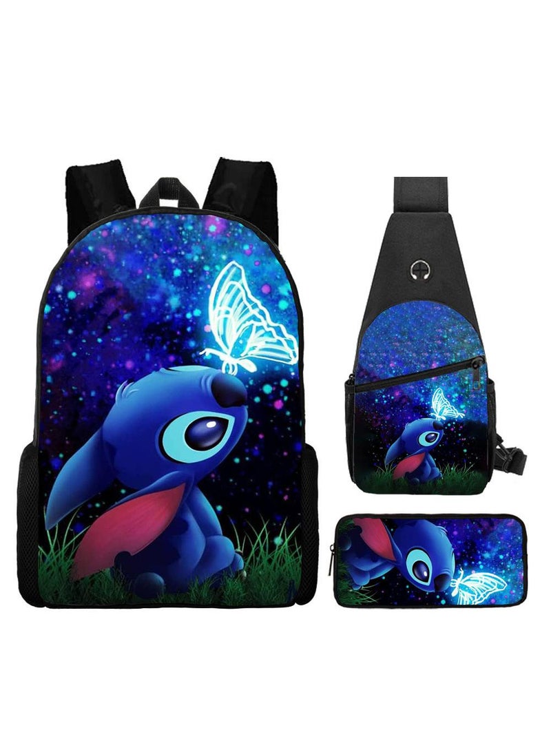general 3-Piece Cartoon Stitch 3D Print Backpack Set - Image 1