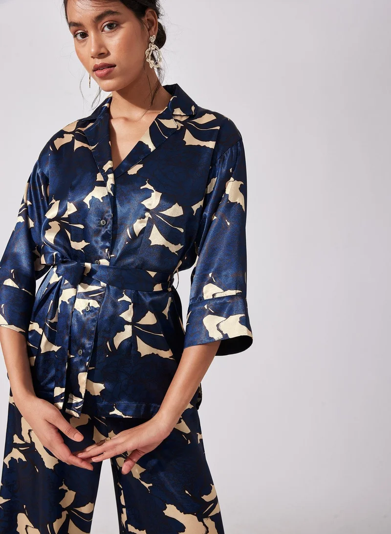 The Label Life The Label Life Women's Floral Lapel Collar Shirt - Navy, Blue
