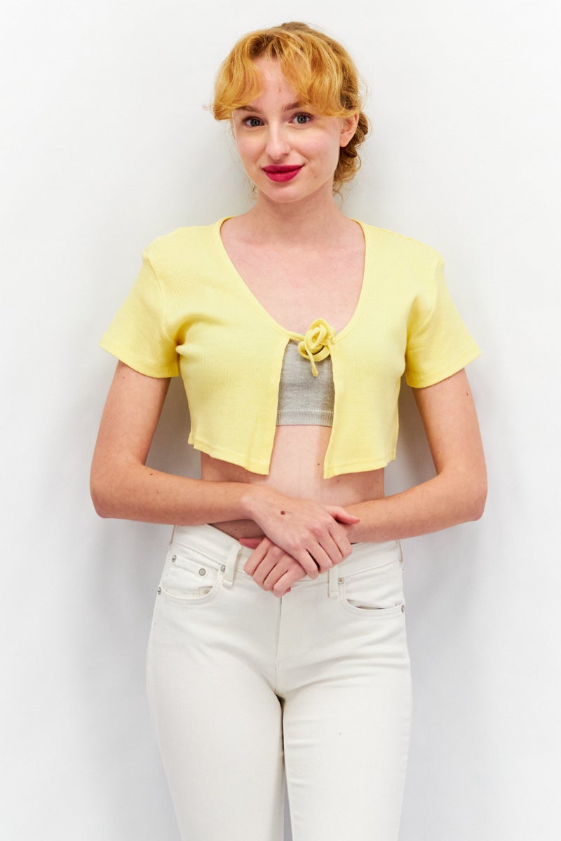 Daisy Street Women Tie Neck Short Sleeves Textured Top, Yellow - Image 1