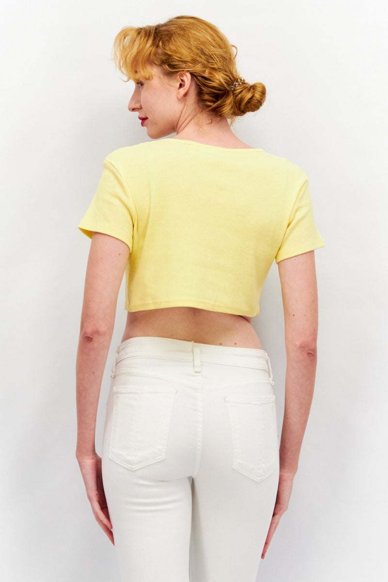 Daisy Street Women Tie Neck Short Sleeves Textured Top, Yellow - Image 4