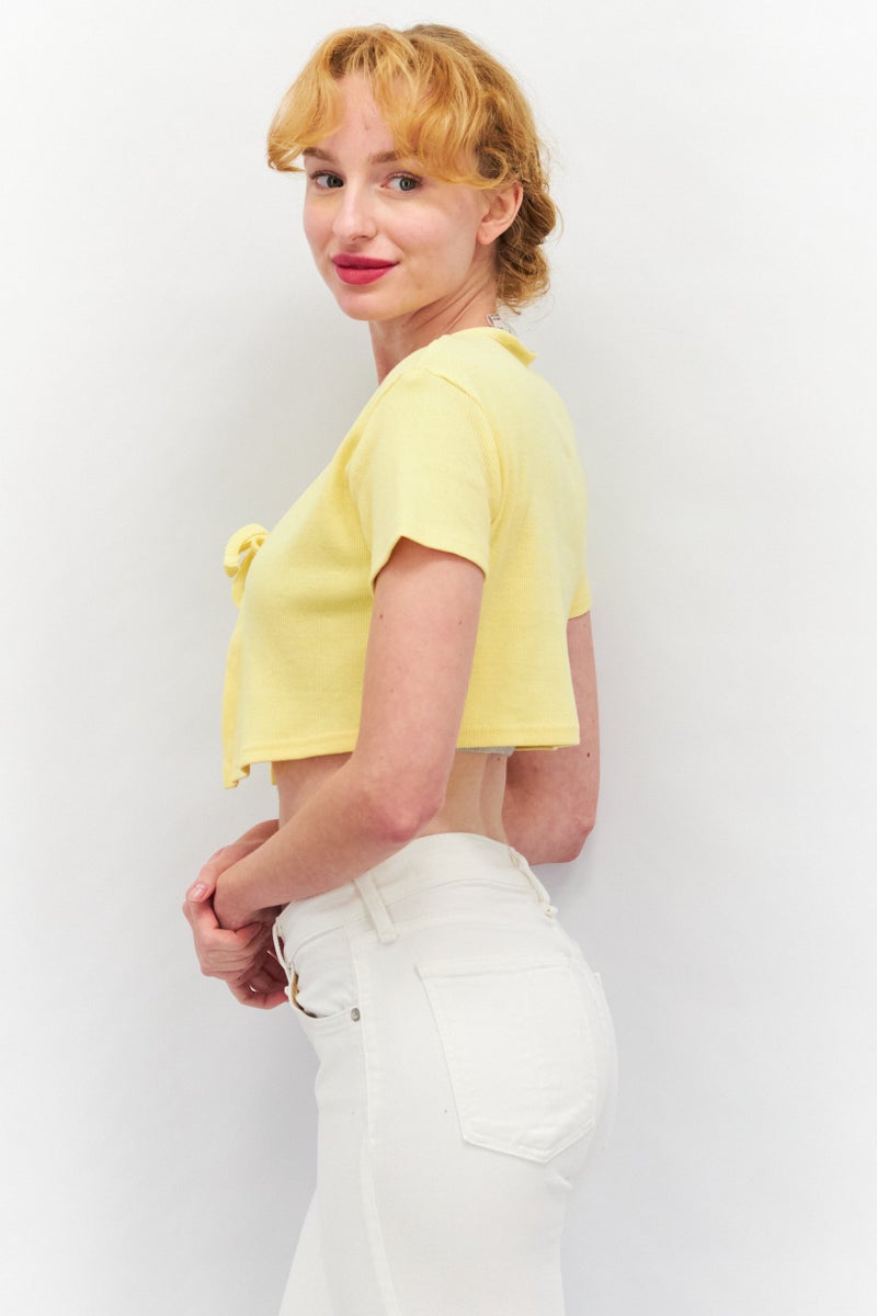 Daisy Street Women Tie Neck Short Sleeves Textured Top, Yellow - Image 3