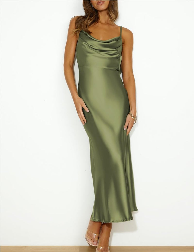 Mogidol Summer Satin Spaghetti Strap Cowl Neck Backless Midi Dresses for Women Elegant Tie Low Back Ruched Cocktail Dress Olive - Image 4