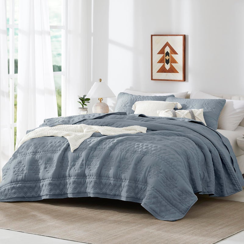 WDCOZY Boho Blue Grey Quilts Queen Size Bedding Sets with 2 Pillow Shams, Farmhouse Lightweight Soft Bedspread Coverlet for All Season, 3 Pieces, 90x90 inches - Image 2