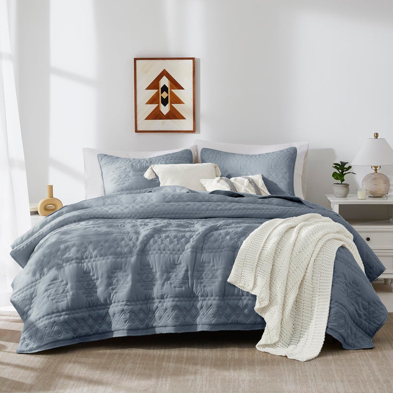 WDCOZY Boho Blue Grey Quilts Queen Size Bedding Sets with 2 Pillow Shams, Farmhouse Lightweight Soft Bedspread Coverlet for All Season, 3 Pieces, 90x90 inches - Image 1