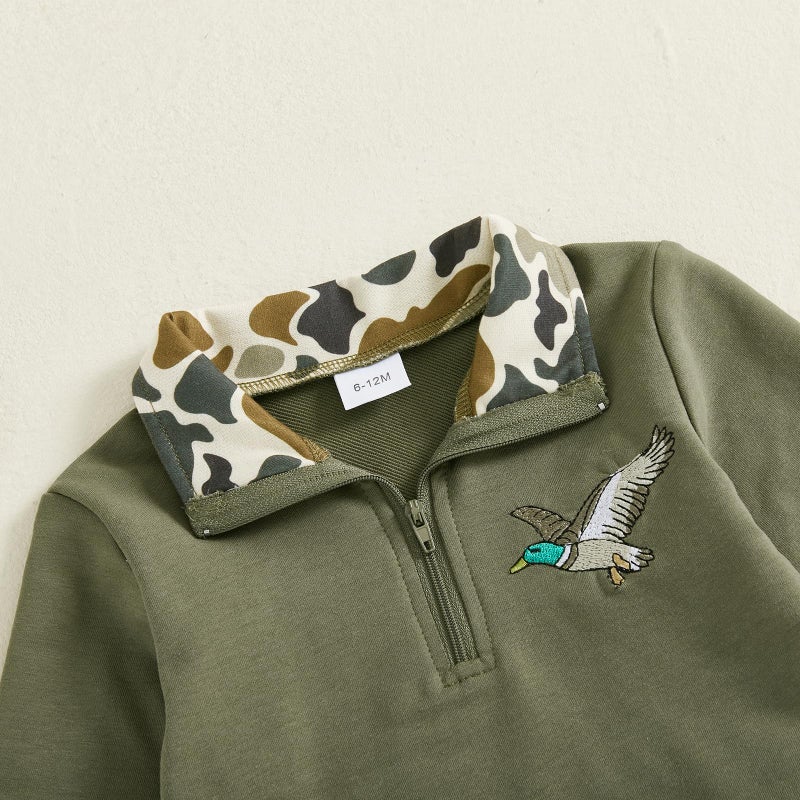 BULINGNA Toddler Baby Boy Hunting Outfit Mallard Duck Camouflage Half Zipper Sweatshirt Solid Pants Set Spring Fall Clothes (Army Green, 6-12 Months) - Image 5