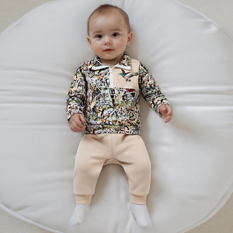 BULINGNA Toddler Baby Boy Hunting Outfit Mallard Duck Camouflage Half Zipper Sweatshirt Solid Pants Set Spring Fall Clothes (Army Green, 6-12 Months) - Image 3