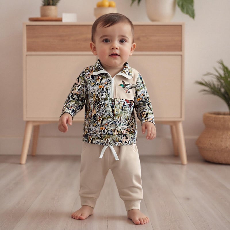 BULINGNA Toddler Baby Boy Hunting Outfit Mallard Duck Camouflage Half Zipper Sweatshirt Solid Pants Set Spring Fall Clothes (Army Green, 6-12 Months) - Image 2