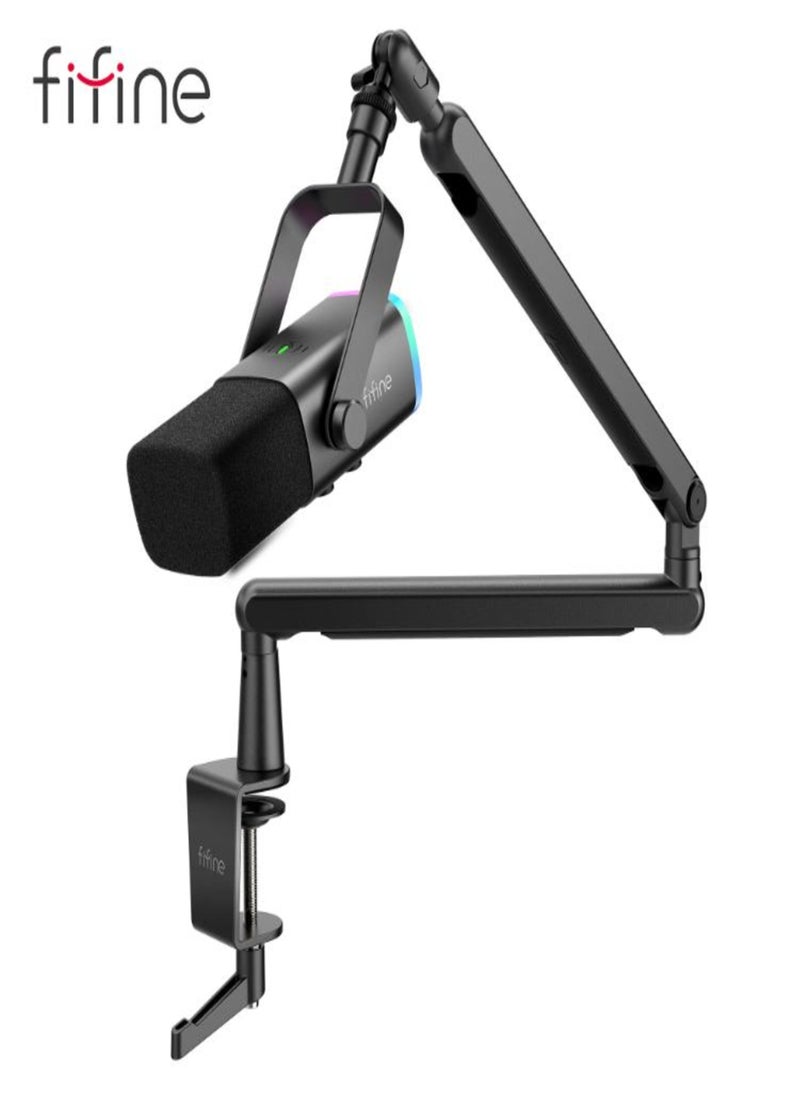 FIFINE - FIFINE XLR/USB Dynamic Microphone for Podcast Recording, PC Computer Gaming Streaming Mic with RGB Light, Mute Button, Headphones Jack, Desktop Stand, Vocal Mic for Singing YouTube, Desktop Stand, Adjustable Boom Arm Kit with Screw Adapter for Streaming Studio (AM8+BM88)-AmpliGame TAM8 - Image 1