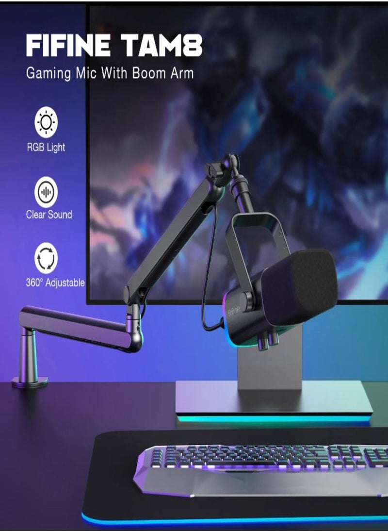 FIFINE - FIFINE XLR/USB Dynamic Microphone for Podcast Recording, PC Computer Gaming Streaming Mic with RGB Light, Mute Button, Headphones Jack, Desktop Stand, Vocal Mic for Singing YouTube, Desktop Stand, Adjustable Boom Arm Kit with Screw Adapter for Streaming Studio (AM8+BM88)-AmpliGame TAM8 - Image 1