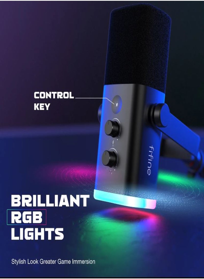 FIFINE - FIFINE XLR/USB Dynamic Microphone for Podcast Recording, PC Computer Gaming Streaming Mic with RGB Light, Mute Button, Headphones Jack, Desktop Stand, Vocal Mic for Singing YouTube, Desktop Stand, Adjustable Boom Arm Kit with Screw Adapter for Streaming Studio (AM8+BM88)-AmpliGame TAM8 - Image 1
