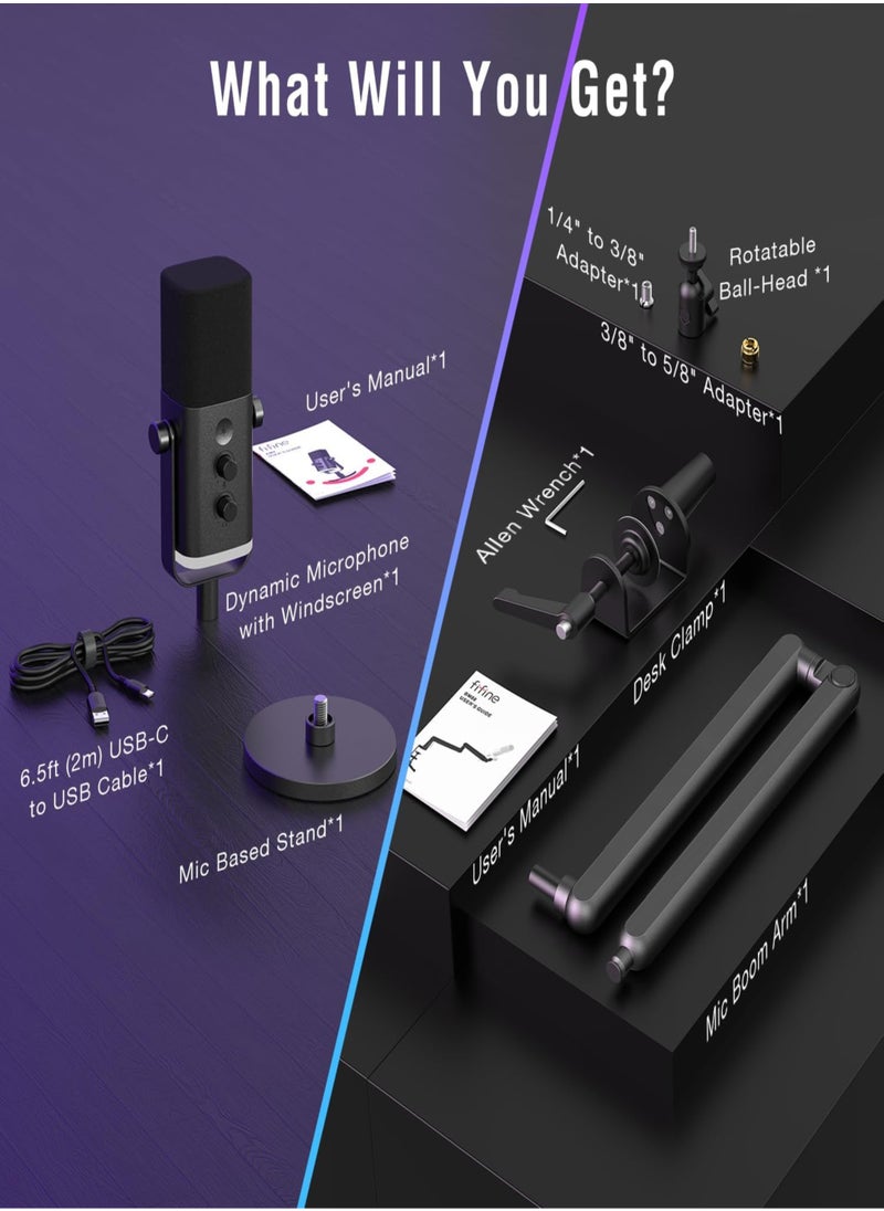 FIFINE - FIFINE XLR/USB Dynamic Microphone for Podcast Recording, PC Computer Gaming Streaming Mic with RGB Light, Mute Button, Headphones Jack, Desktop Stand, Vocal Mic for Singing YouTube, Desktop Stand, Adjustable Boom Arm Kit with Screw Adapter for Streaming Studio (AM8+BM88)-AmpliGame TAM8 - Image 1
