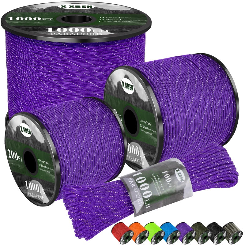 X XBEN Paracord Reflective 1000lb, 50/100/200/500/1000ft 4mm, 13 Strand Parachute Spool Cord, Heavy Duty Paracord Rope for Camping, Fishing, Hiking, Hunting, DIY Crafts, Purple - Image 1