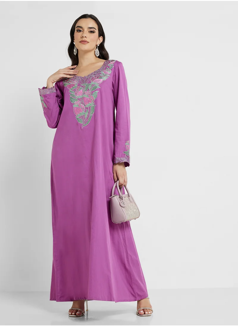 KASHKHA Cotton Solid Jalabiya with Stone Work