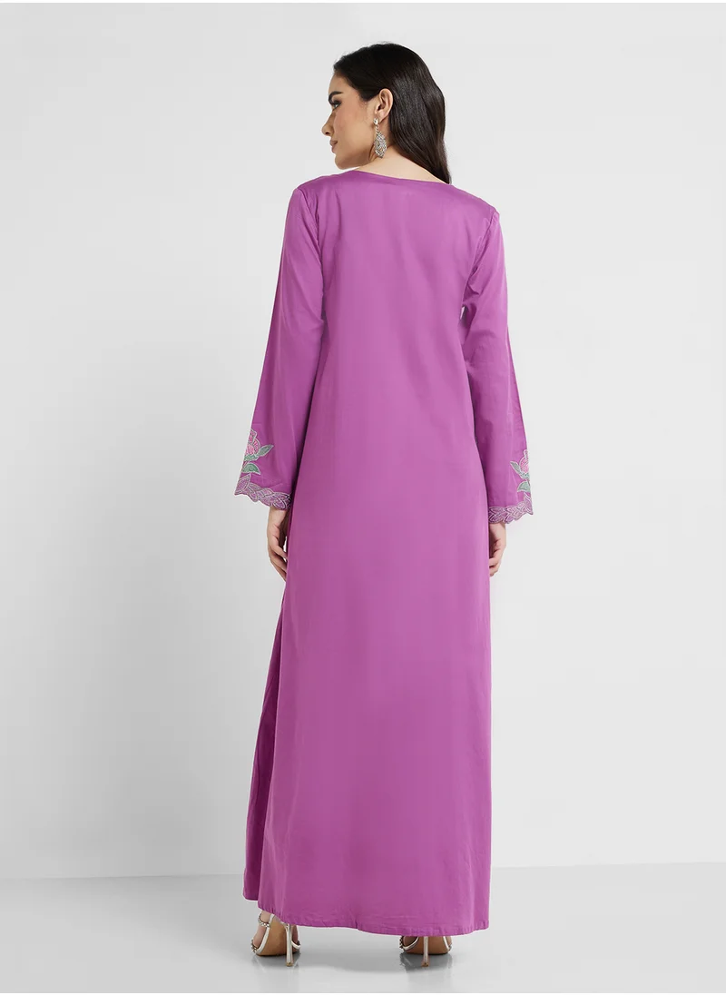 KASHKHA Cotton Solid Jalabiya with Stone Work