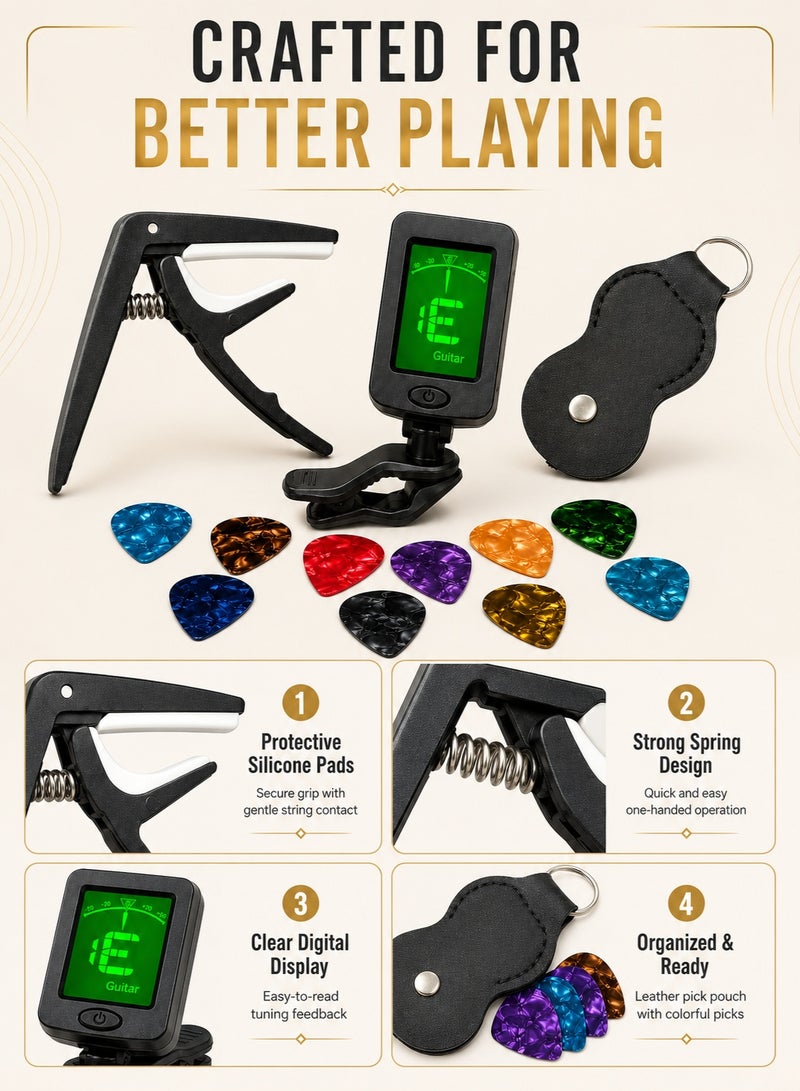 Sisily 13pcs Guitar Accessories Kit ,Black Zinc Alloy Guitar Capo, Clip On Digital Tuner, Pick Holder and 10 Guitar Picks for Acoustic Guitar, Electric Guitar and Ukulele - Image 5
