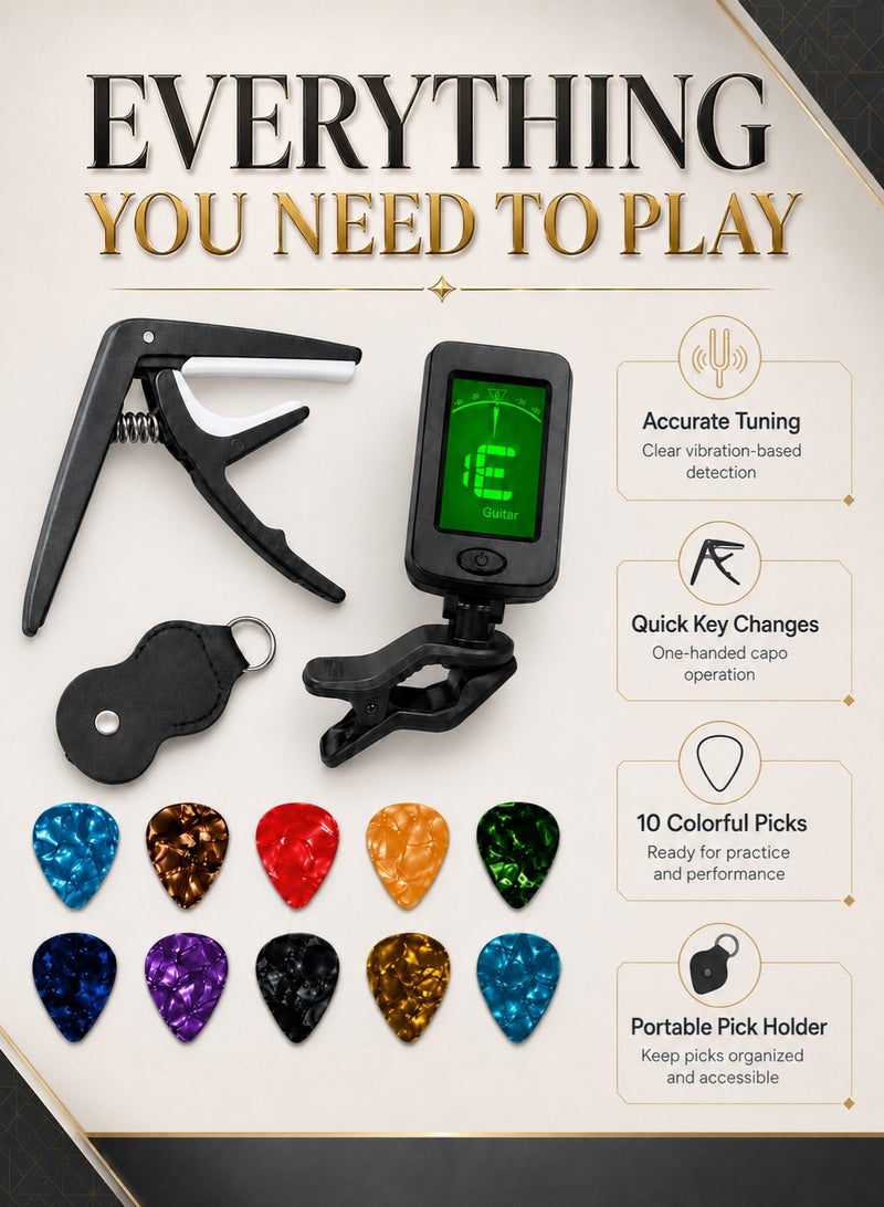 Sisily 13pcs Guitar Accessories Kit ,Black Zinc Alloy Guitar Capo, Clip On Digital Tuner, Pick Holder and 10 Guitar Picks for Acoustic Guitar, Electric Guitar and Ukulele - Image 2