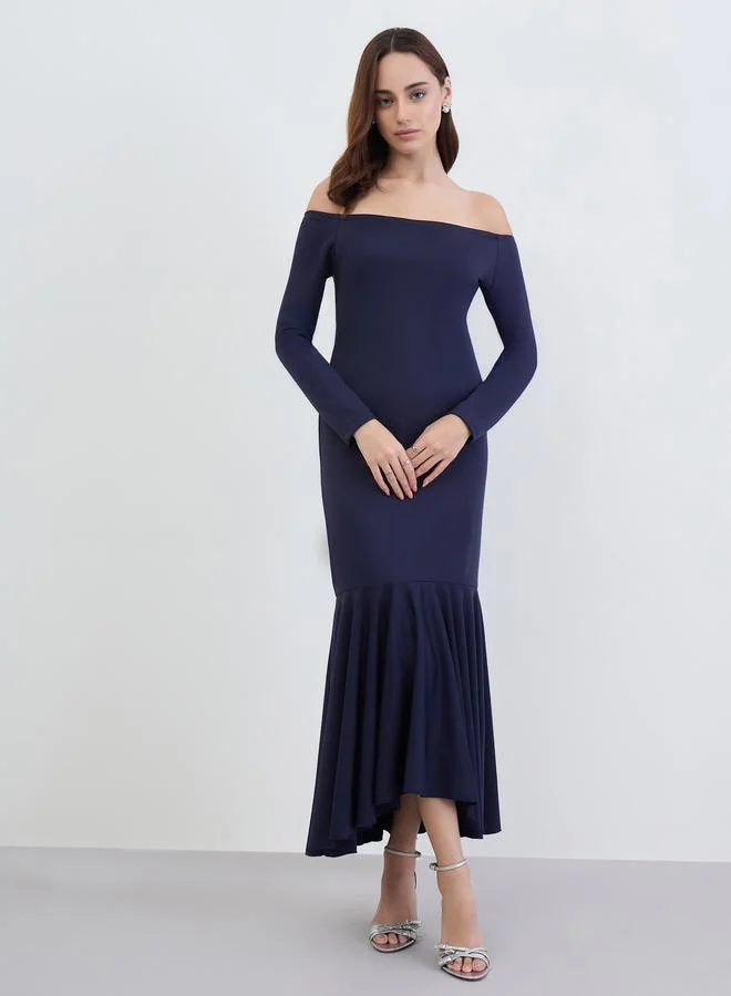 Styli Navy Blue Off-Shoulder Mermaid Hem Maxi Dress