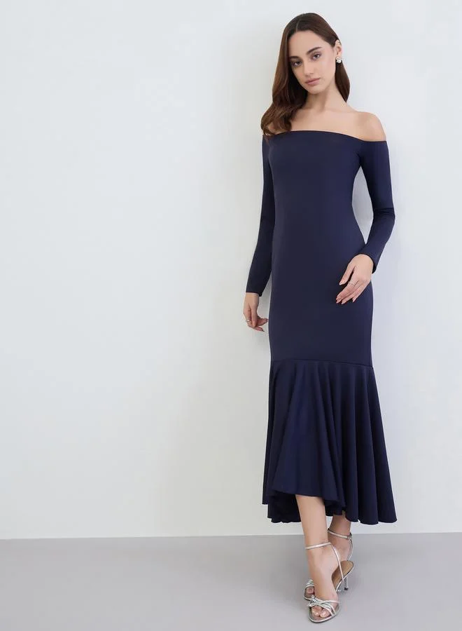 Styli Navy Blue Off-Shoulder Mermaid Hem Maxi Dress