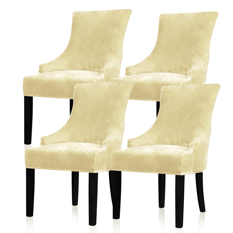 Lellen Velvet Stretch Wingback Chair Cover Slipcover  Reusable Protector Cover for Dining Room Banquet Home Decor etc Machine Washable Hand Washable Cream 4PC