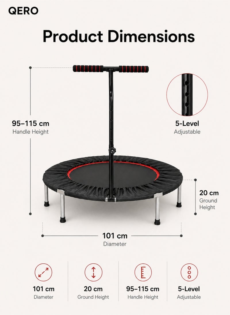 QERO Mini Trampoline With Adjustable Handle 101cm, Indoor Fitness Rebounder, 5-Level Handle Height 95–115cm, Low 20cm Base, Home Workout Trampoline for Adults and Kids - Image 4