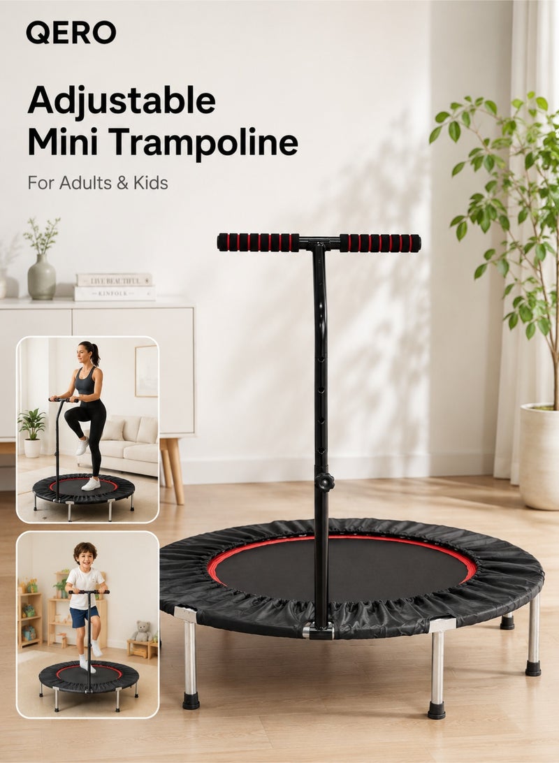 QERO Mini Trampoline With Adjustable Handle 101cm, Indoor Fitness Rebounder, 5-Level Handle Height 95–115cm, Low 20cm Base, Home Workout Trampoline for Adults and Kids - Image 1