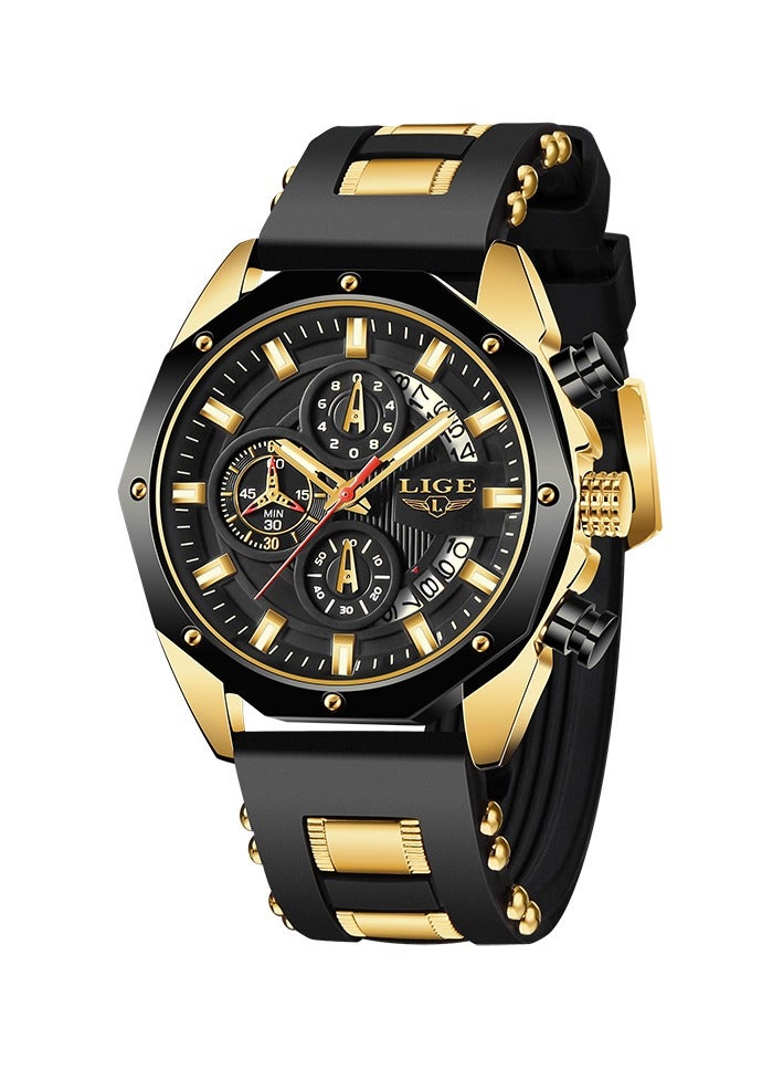 لييج أحدث ساعات المعصم الأنيقة للرجال ساعة رياضية أنيقة كرونوغراف مقاومة للماء مع تقويم تلقائي باللون الذهبي والأسود - Image 1
