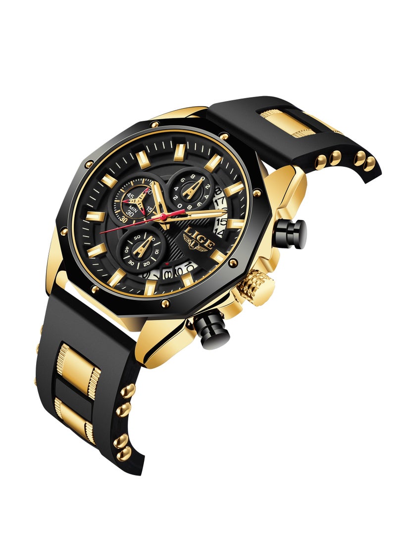 لييج أحدث ساعات المعصم الأنيقة للرجال ساعة رياضية أنيقة كرونوغراف مقاومة للماء مع تقويم تلقائي باللون الذهبي والأسود - Image 3