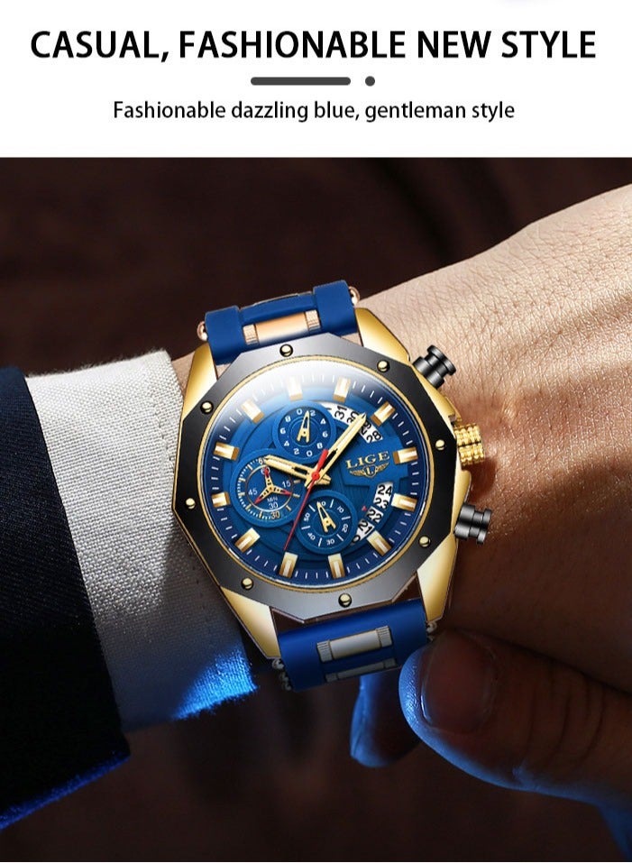 لييج أحدث ساعات المعصم الأنيقة للرجال ساعة رياضية أنيقة كرونوغراف مقاومة للماء مع تقويم تلقائي باللون الذهبي والأسود - Image 4