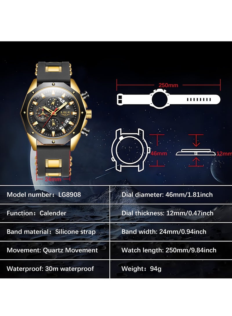 لييج أحدث ساعات المعصم الأنيقة للرجال ساعة رياضية أنيقة كرونوغراف مقاومة للماء مع تقويم تلقائي باللون الذهبي والأسود - Image 5