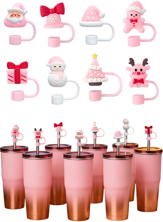 Straw Toppers Compatible with Stanley Cup, 8 PCS Christmas 3D Pink Cartoon Straw Covers, Food Grade Silicone Reusable Straw Cap Stopper, Winter Design, Fits 0.4Inch/10mm Straws - Image 1