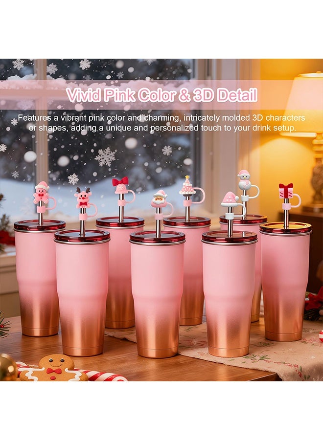 Straw Toppers Compatible with Stanley Cup, 8 PCS Christmas 3D Pink Cartoon Straw Covers, Food Grade Silicone Reusable Straw Cap Stopper, Winter Design, Fits 0.4Inch/10mm Straws - Image 5