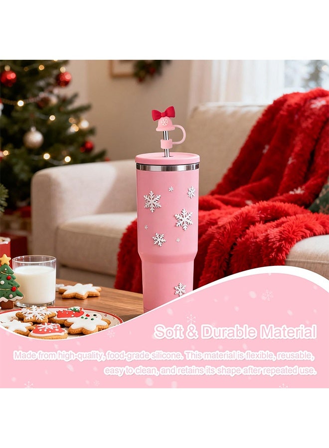 Straw Toppers Compatible with Stanley Cup, 8 PCS Christmas 3D Pink Cartoon Straw Covers, Food Grade Silicone Reusable Straw Cap Stopper, Winter Design, Fits 0.4Inch/10mm Straws - Image 2