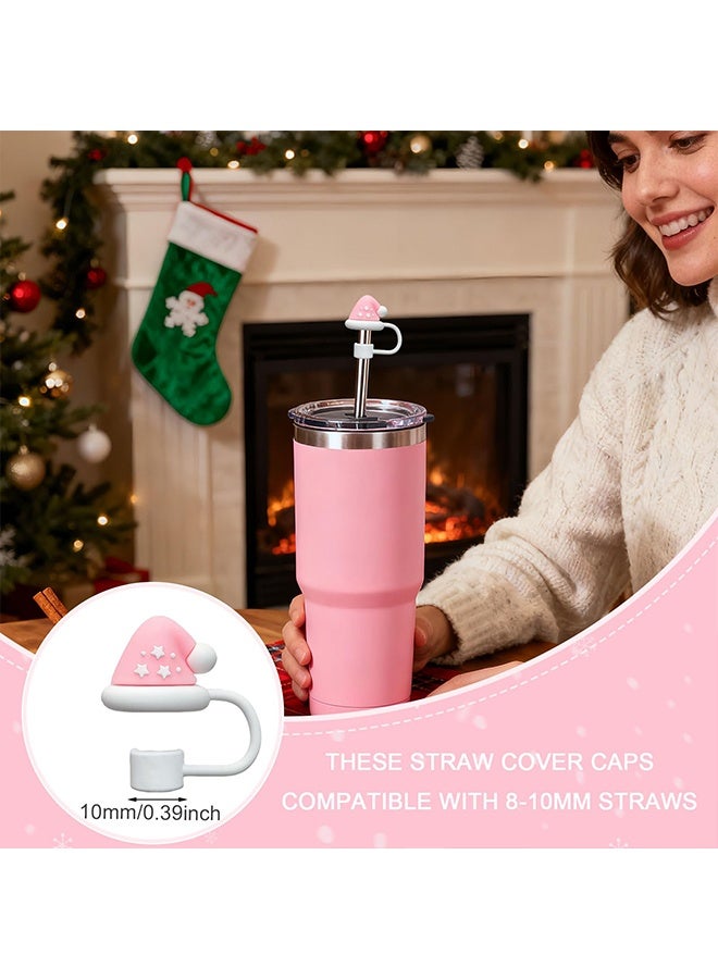 Straw Toppers Compatible with Stanley Cup, 8 PCS Christmas 3D Pink Cartoon Straw Covers, Food Grade Silicone Reusable Straw Cap Stopper, Winter Design, Fits 0.4Inch/10mm Straws - Image 4