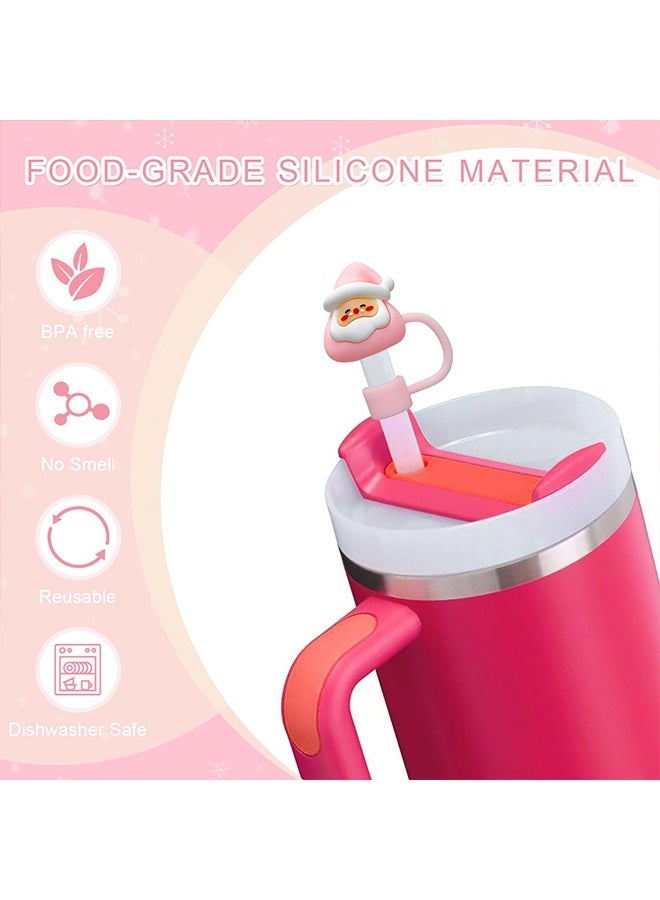 Straw Toppers Compatible with Stanley Cup, 8 PCS Christmas 3D Pink Cartoon Straw Covers, Food Grade Silicone Reusable Straw Cap Stopper, Winter Design, Fits 0.4Inch/10mm Straws - Image 3